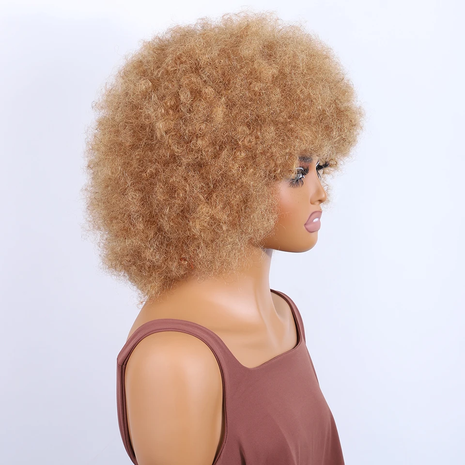 27 braune Echthaar-Perücke für Frauen, Afro-Kinky-Bulk-Perücken aus brasilianischem Haar, 100 % echt, bereit zum Tragen, kurze farbige Haarperücken