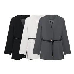 Tangada 2024 Autumn Winter Women With Belt Blazer Jacket Pocket Long Sleeve Female Coat BE0360