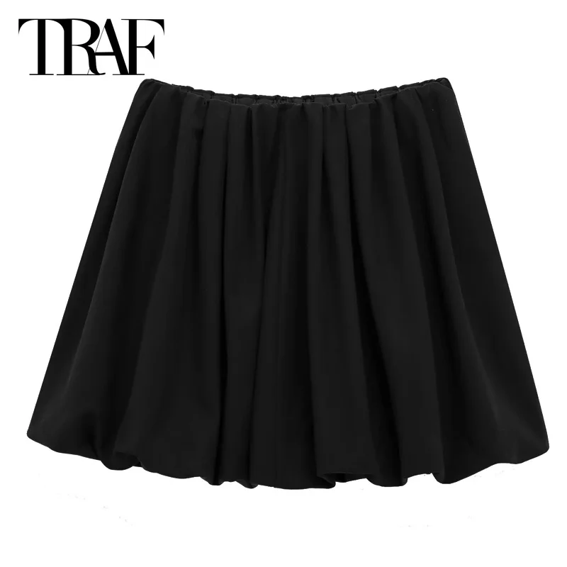 TRAF Mini Black Skirts For Women 2025 Women's Skirt Ruffled Balloon Skirts Fashion High Waist Short Skirt Korean Style Skirts