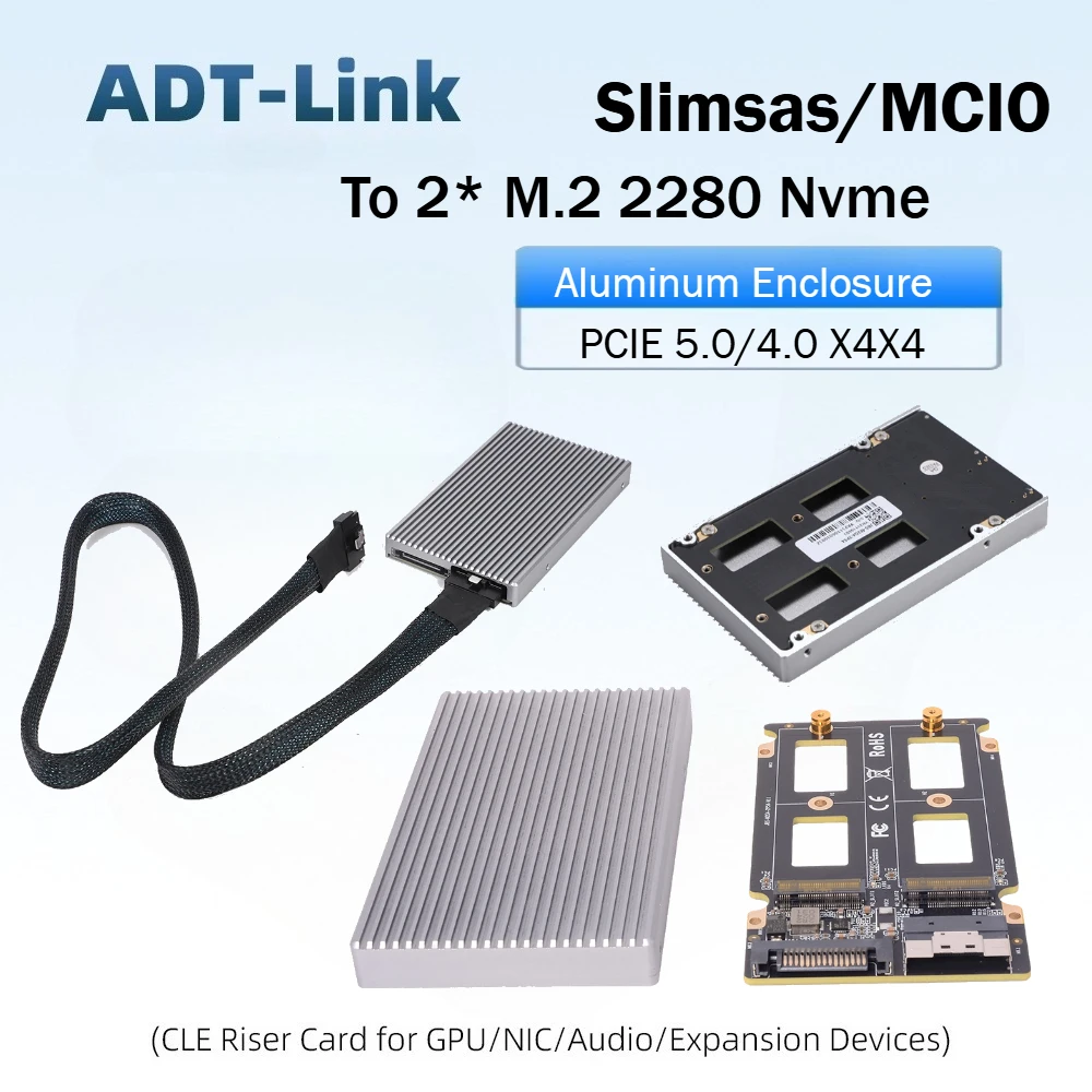 SlimSAS / MCIO to Dual M.2 NVMe 2280 Adapter SSD HDD Aluminum Enclosure PCIe 4.0 /5.0 Gen5 2x NVMe SSD Converter Card X4x4 Split