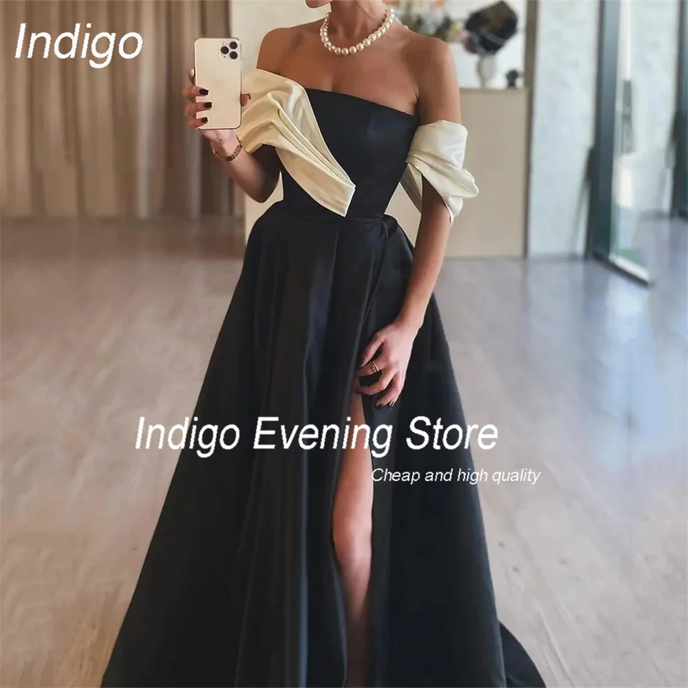 Indigo Elegant Evening Dresses A-Line Off The Shoulder Pleat Side Split Satin Party Prom Gown Formal فساتين السهرة Customized