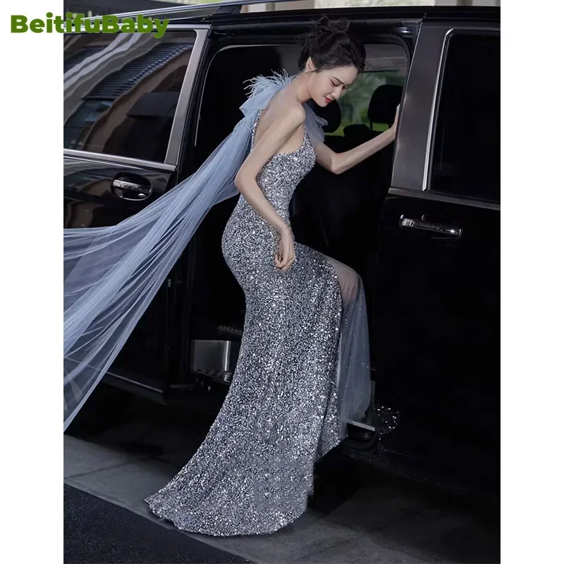 BeitifuBaby 2024 Evening Dress for Women Elegant One Shoulder Palace Style Sequin Sleeveless Banquet Luxury Dresses Vestidos