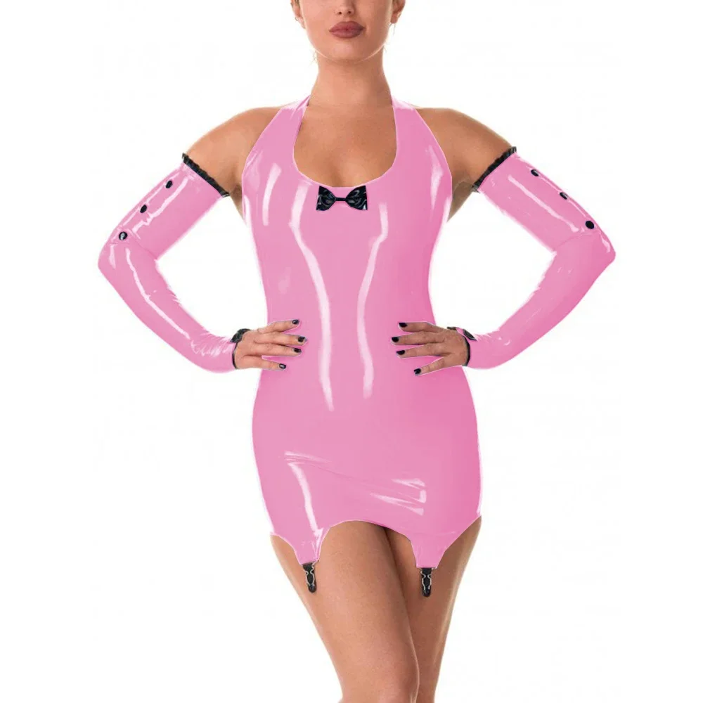 نظرة الرطب براءات الاختراع والجلود الرسن فستان قصير مثير عارية الذراعين Bodycon فستان مع مقاطع الرباط أكمام أذرع تبريد نادي الحفلات مع قفازات