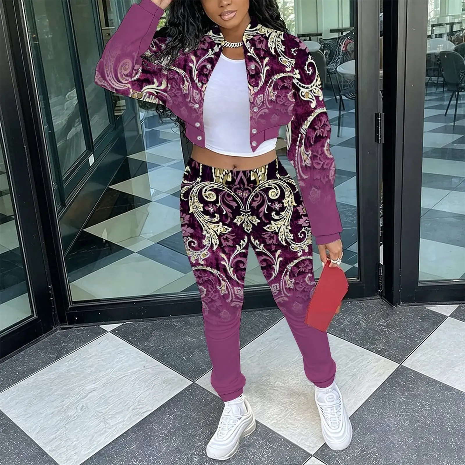 Female Fashion Two‑Piece Set Retro Long Sleeve Stand Collar Jacket  Slim Fit Long Pants Ladies Everyday Commuting Elegant Outfit
