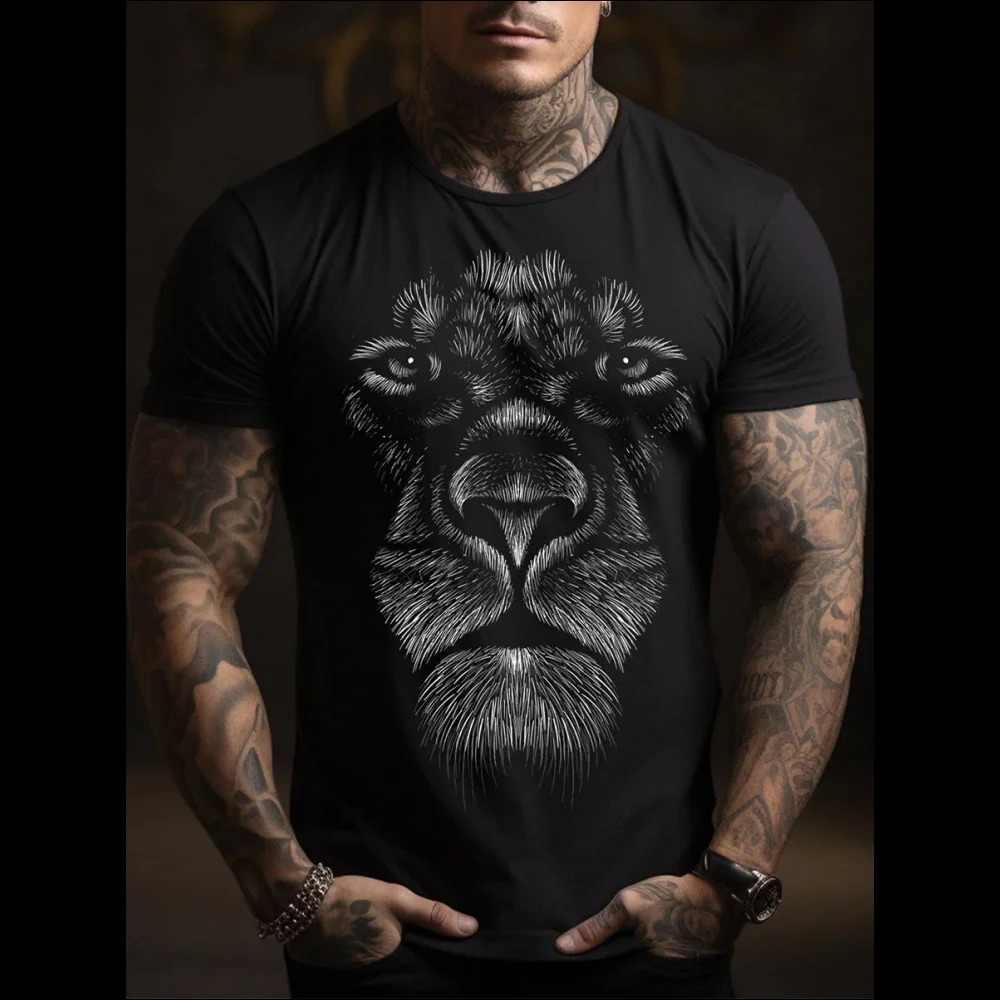 Camiseta masculina de manga curta estampada em 3D, blusa de leão retrô, camiseta animal casual simples engraçada, moda rua, verão