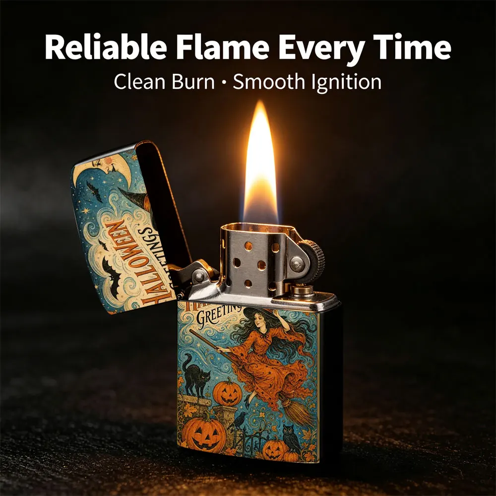 Pocket Lighter, Flip-Top Windproof Design, Metal Case, Halloween Witch Flying on Broom Print, Pumpkin Motif, Comfortable Grip, Portable & Durable