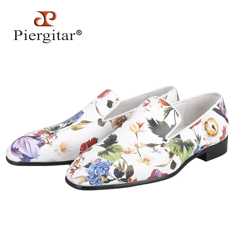 Piergitar Multi-Color Floral Print Leather Men's Loafers Handmade Slip-On Moccasins CL Brand Same Model Red Color Sole Plus Size