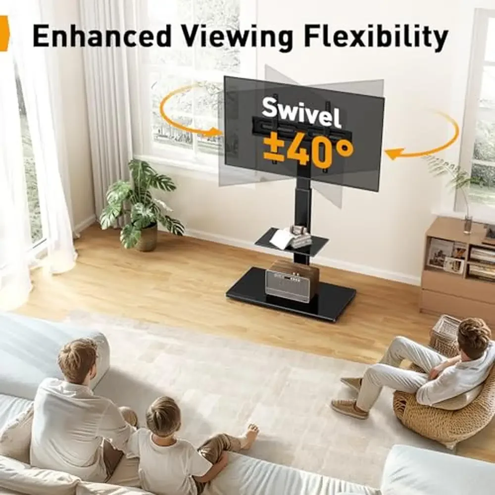 Supporto da pavimento per TV Girevole 80 gradi 30-70 pollici 110 libbre Inclinazione regolabile in altezza Base in vetro temperato Mensola Gestione dei cavi Facile
