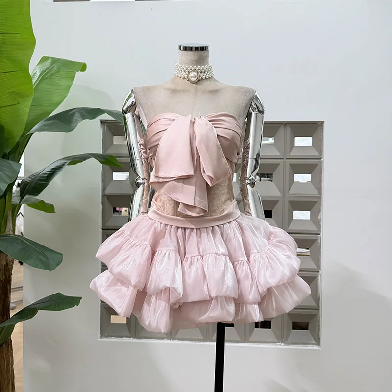 

Chic Sweet And Spicy Lace Trim Pleated iny Cake f Skirt Puffy Top Women's Faion Set High Waist Zipper Closure Spring Date