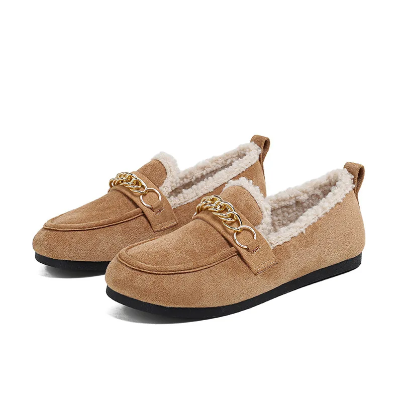عادية امبسوول المتسكعون النساء الشقق سلاسل أحذية الشتاء فروي أحذية السيدات مبطن القطن Mocasines الدافئة الانزلاق على الأغنام فراء الأحذية #6
