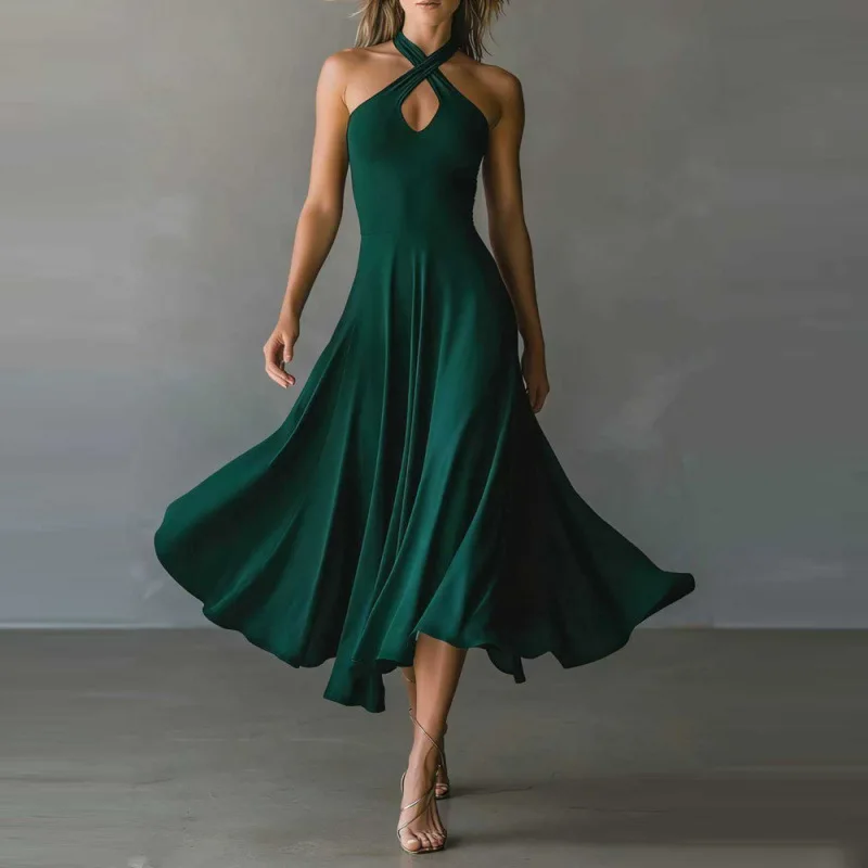 

Halter Neck Keyhole Back Dress Women Spring Summer Black A Line Maxi Dresses Retro Elegant Party Cocktail Evening Gown