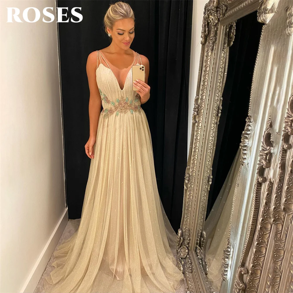 

ROSES Spaghetti Strap V Neck Evening Dresses Sequin Shiny Charming Prom Dress A Line Beading Party Dresses vestidos de noche