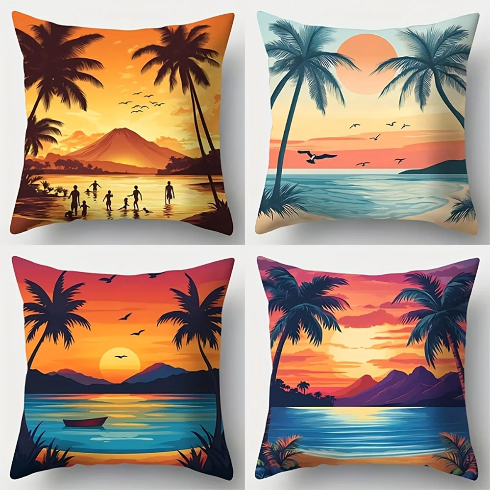 1pc Tropical Sunset Beach Throw Pillow Covers Coastal Hawaiian Palm Tree Outdoor Cushion Cases for Home Patio Decor