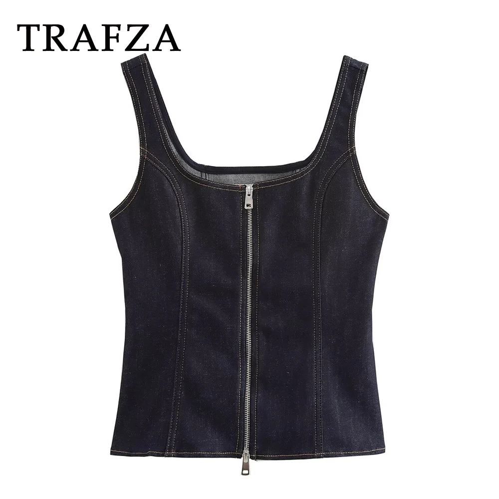 TRAFZA 2024 Women Summer Vintage Denim Solid Vests Fashion Zipper Slim Sleeveless Women Folds Square Neck Casual Pleated Vest