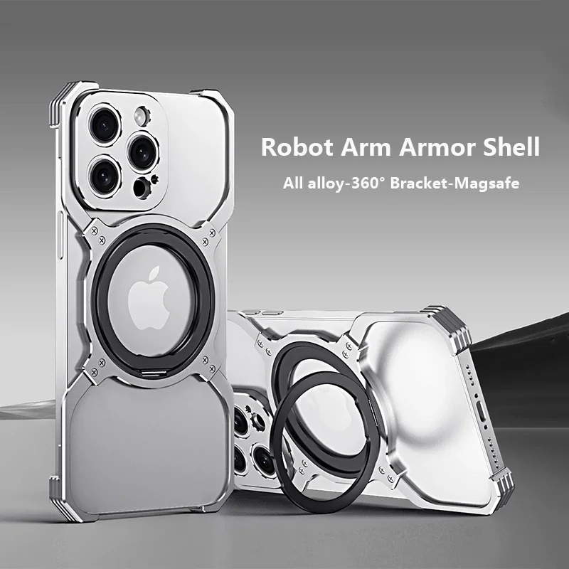 Full Alloy Magnetic Magsafe Bracket Phone Case For iPhone 13 14 15 Pro Max Metal Lens Protective Cover Frameless Cooling Shell