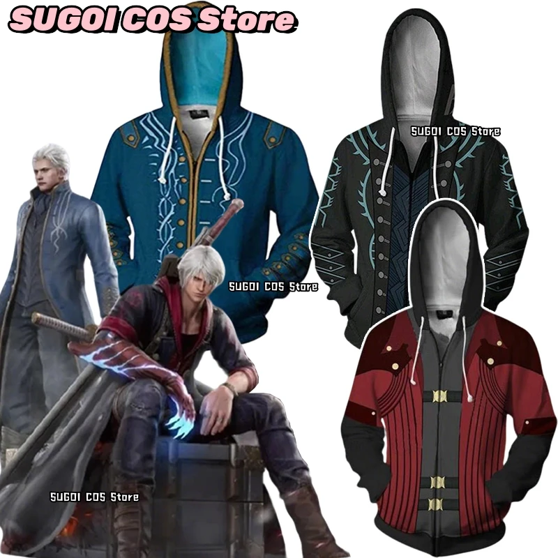 DMC 3 Dante Cosplay Hoodie Sweatershirt Costume Unisex Outfit Hoodies Anime Dante Causal Zipper Jacket Role-playing Coat Costume