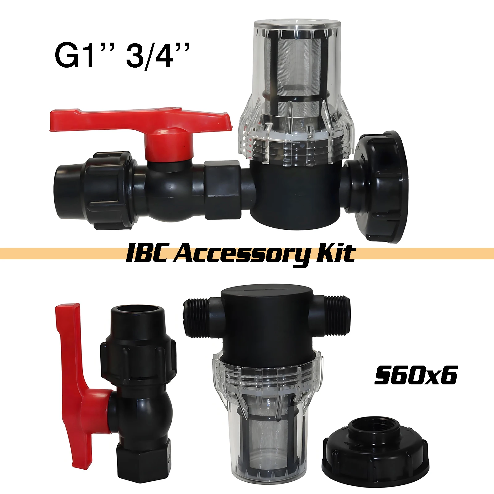 3Pcs Kit IBC water tank filter PVC ball valve 1Pc Valve+1Pc 80 mesh filter+1Pc Adapter Cover Garden irrigation G1'' 3/4'' S60x6