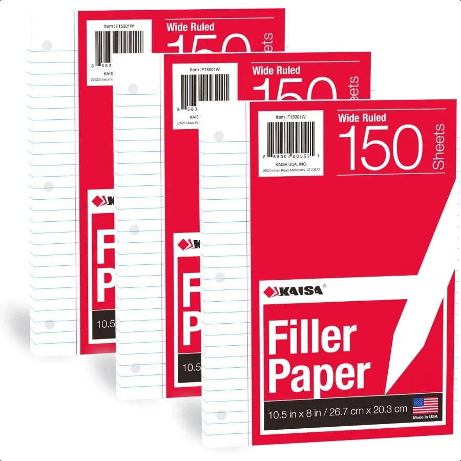 

Бумага-наполнитель Бумага вкладыш Бумага с широкой линейкой Бумага 8x101 2 3 отверстия Перфорированная бумага для переплета с 3 кольцами Упаковка 150 листов 3 упаковки F1500