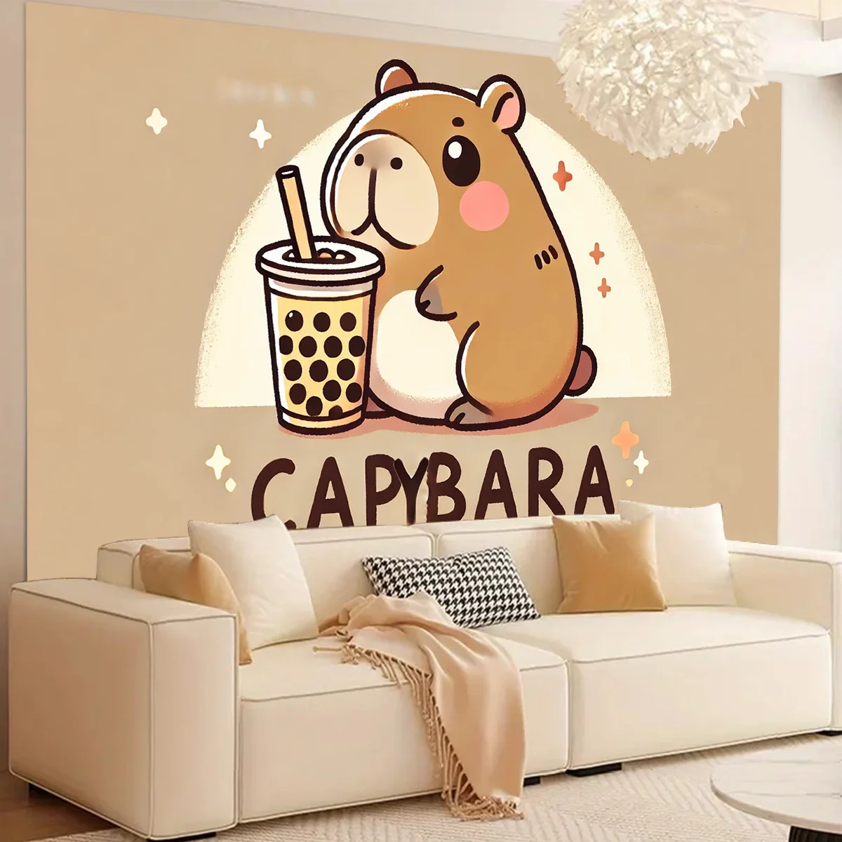Cute Capybara Bubble Tea Tapestry, Cartoon Animal Wall Hanging, Kawaii Decor for Bedroom, Living Room, Kids Room, Study