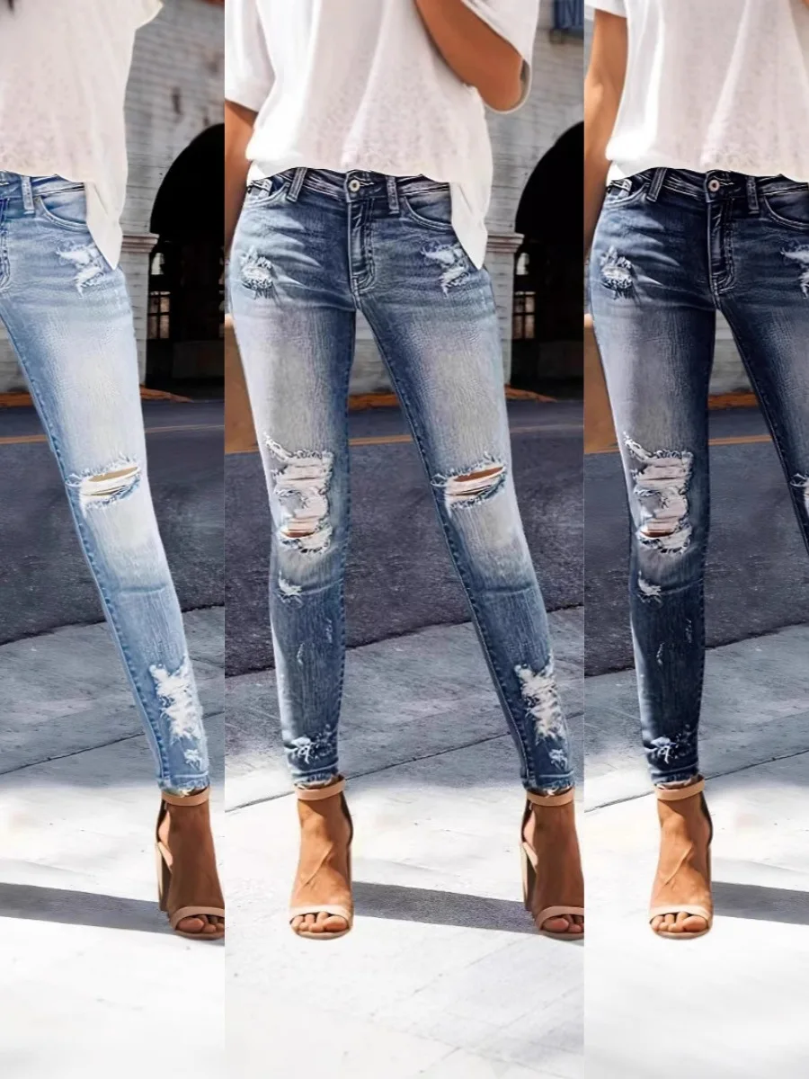 Hoge elastische afslankende casual jeans dames perforeren lange broek hoge taille stand fit medium stretch diepe kleur