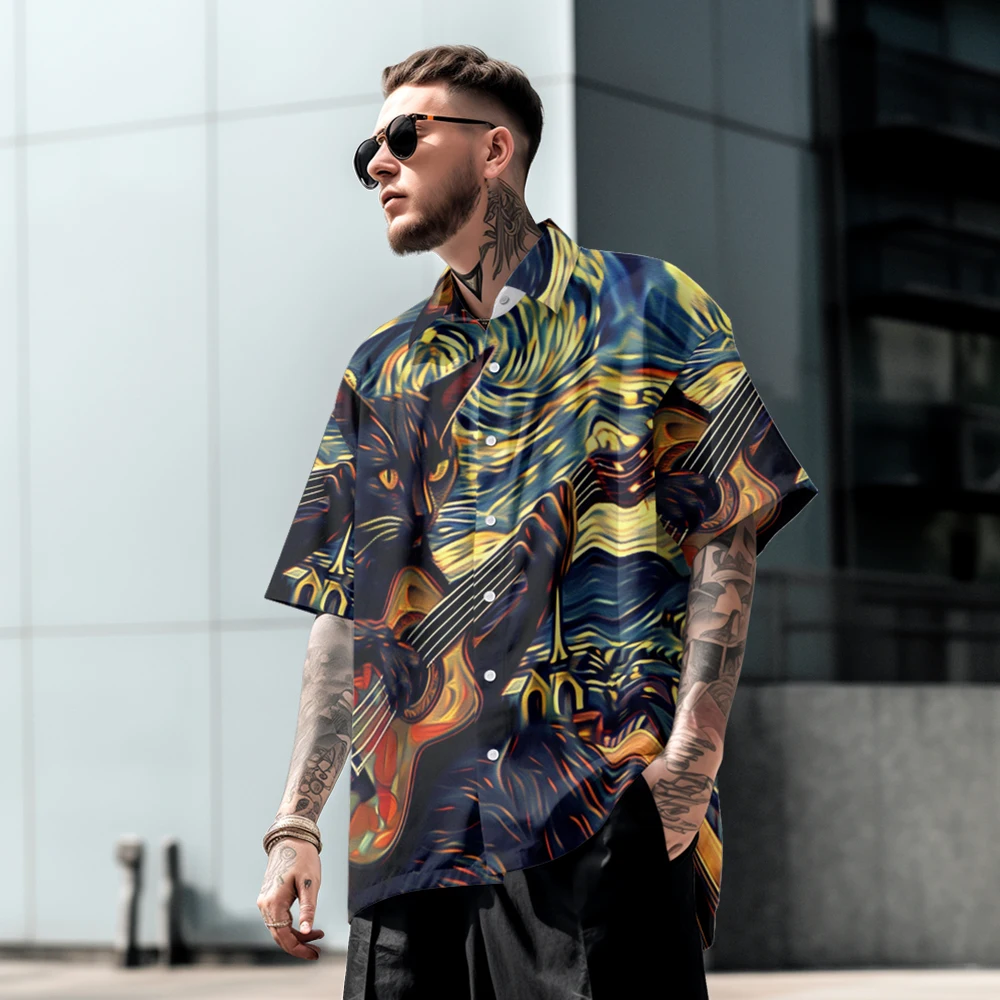 Casual trend guitar cat print men's short sleeve shirt summer loose large size thin lapel T-shirt top