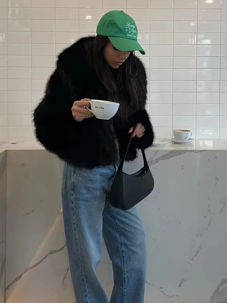 

DEAT Fashion Brown Faux Fur Coat Women's Lapel Loose Long Sleeve Thick Plush Warm Short Jackets Winter