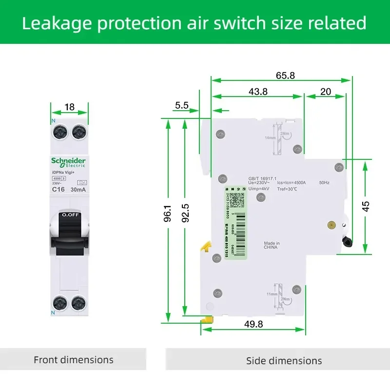 

Schneider Electric Integrated leakage protection Circuit Breaker 1P+N iDPNa Vigi+ C32 C10 C25 30mA Air Switch 1P+N 16A A9d93620