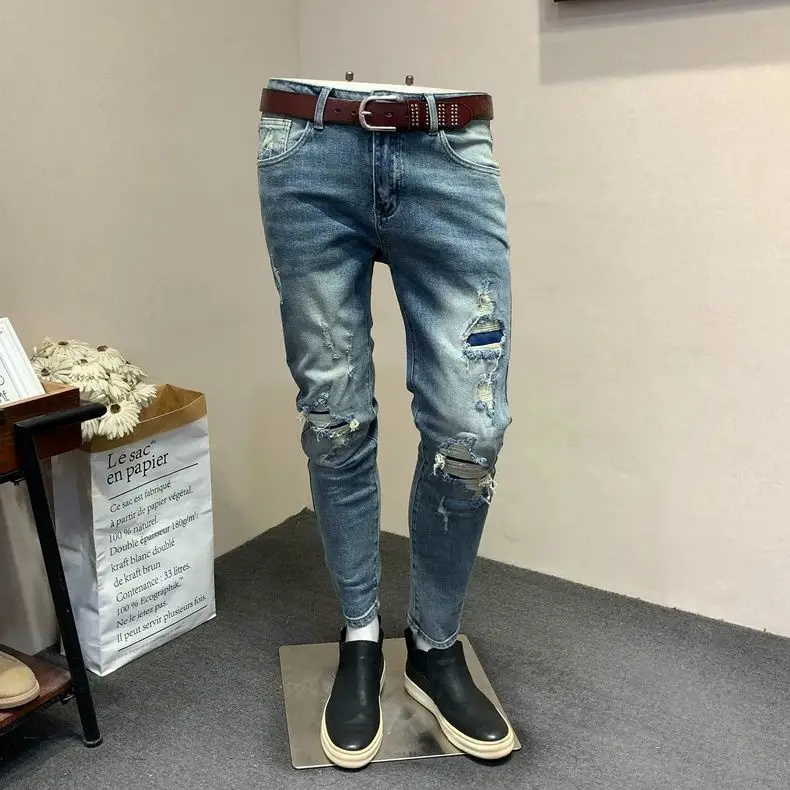 

Man Clothing Streetwear Korean Slim-fitting Small-footed Jeans Men's Fashion Handsome Ripped Beggar Spring Autumn Long Pants