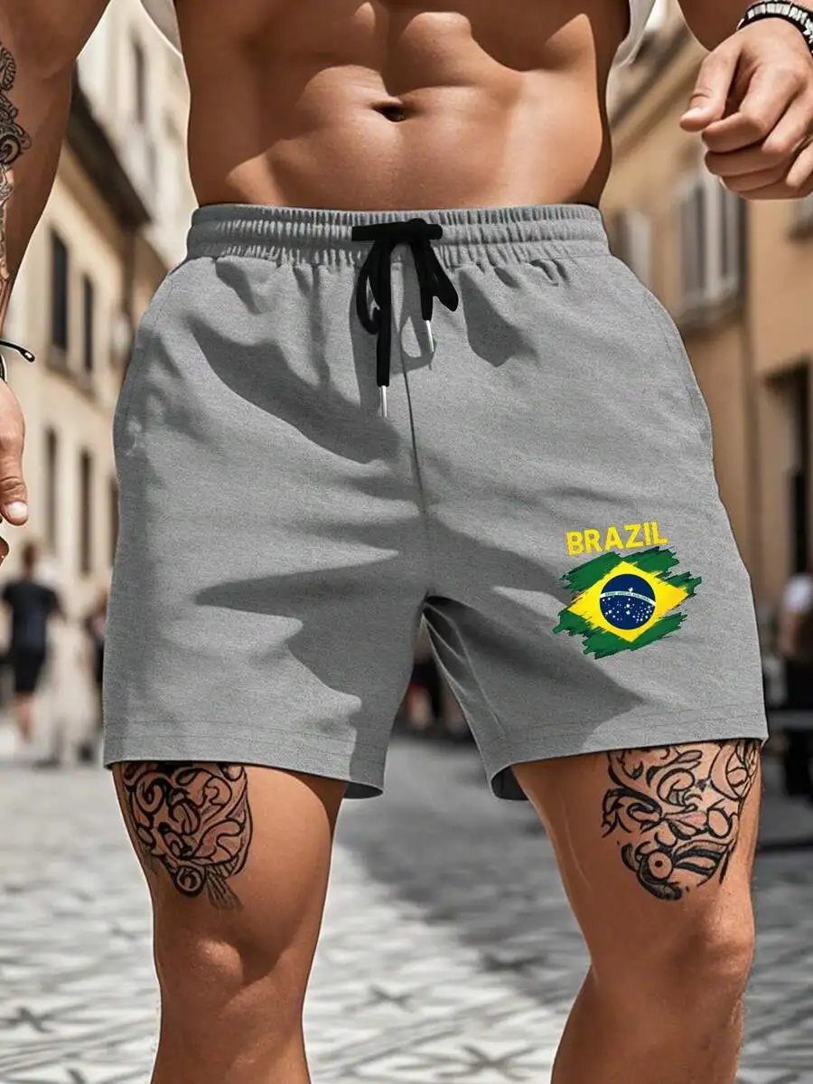 Mens Brazil Flag Print Casual Shorts With Drawstring Waist
