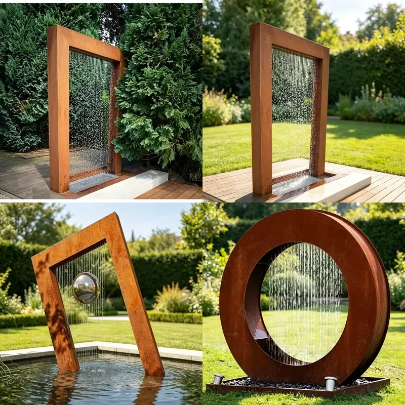 for Weathering Steel Rain Curtain Water Wall Outdoor Garden Vertical Water Feature Modern Metal Frame Fountain
