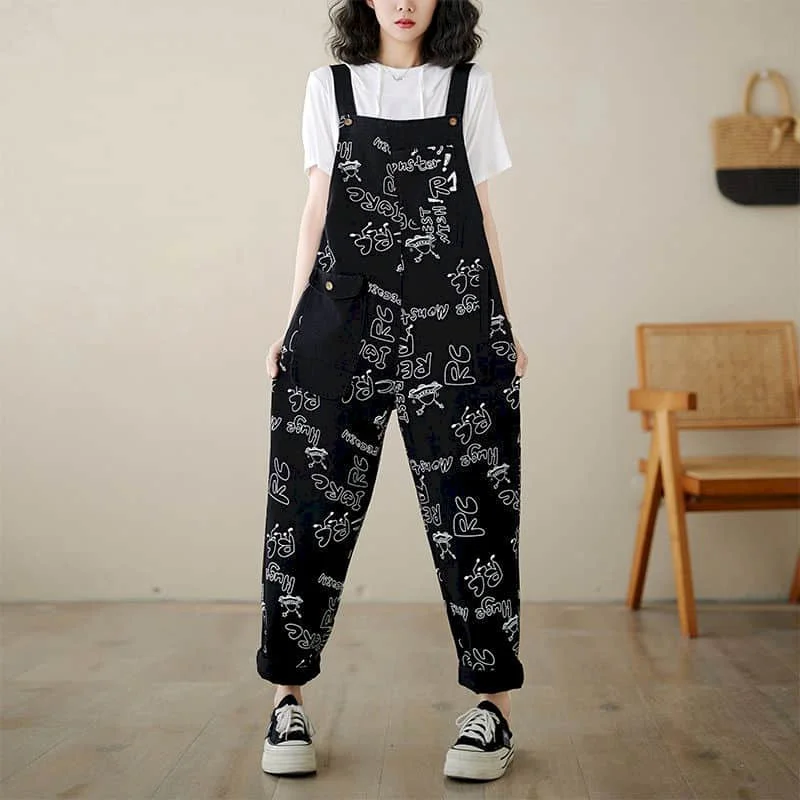 جمبسوت من قماش الدنيم للنساء تصميم حروف سراويلي حريمي فضفاض عالي الخصر بنطلون وزرة للنساء ملابس قطعة واحدة بلايسوت