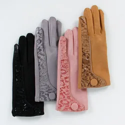 Women's Outdoor Full Finger Thicken Riding Touch Screen Driving Gloves Winter Suede Leather Leopard Print Velvet Warm Mittens