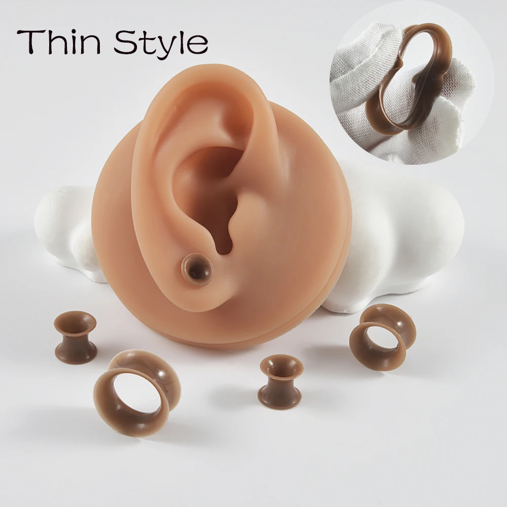 2Pcs Thin Style Silicone Flexible Double Light Brown Color Ear Tunnel Plugs Gauge Expander Stretchers Piercing Jewelry 3mm-25m