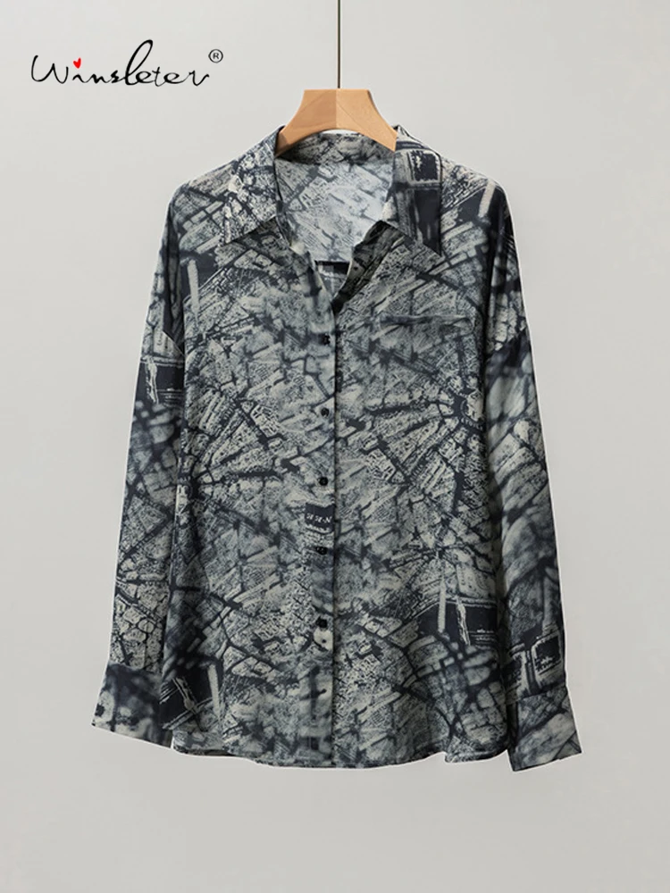 

Winsleter-100%Real Silk Elegant Shirt, Turn-down Collar Print, Women Vintage Commute Casual Loose Blouse, 2026 Spring T61736CC