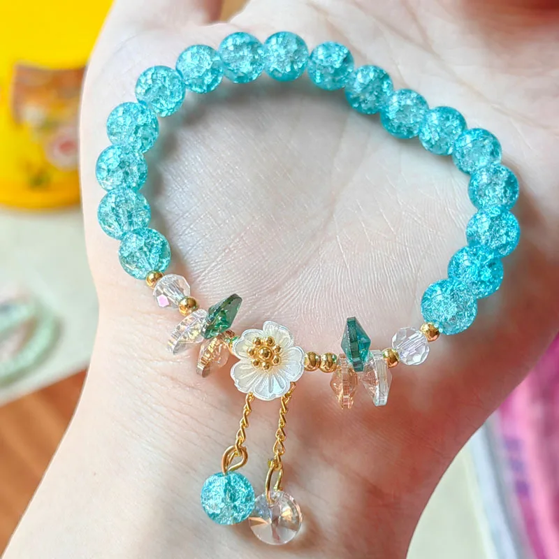 Colorful Camellia Crystal Bracelet Flower Beads Glass Beaded Bracelet Valentines Bracelet Armband Gift For Women Girls Jewelry