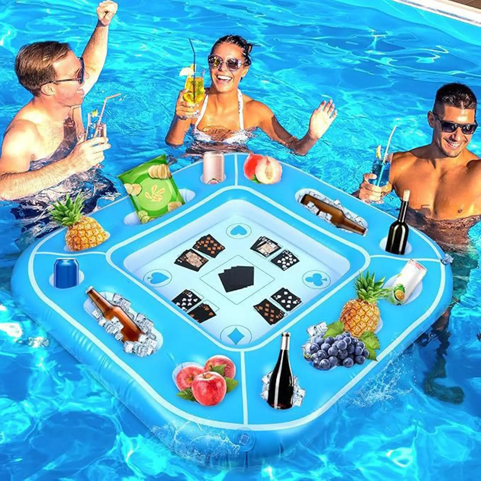 Table flottante gonflable pour piscine avec porte-gobelets, plateau de service pour jeux de cartes, pour 4 joueurs, rangement pour aliments et boissons en extérieur sur la plage