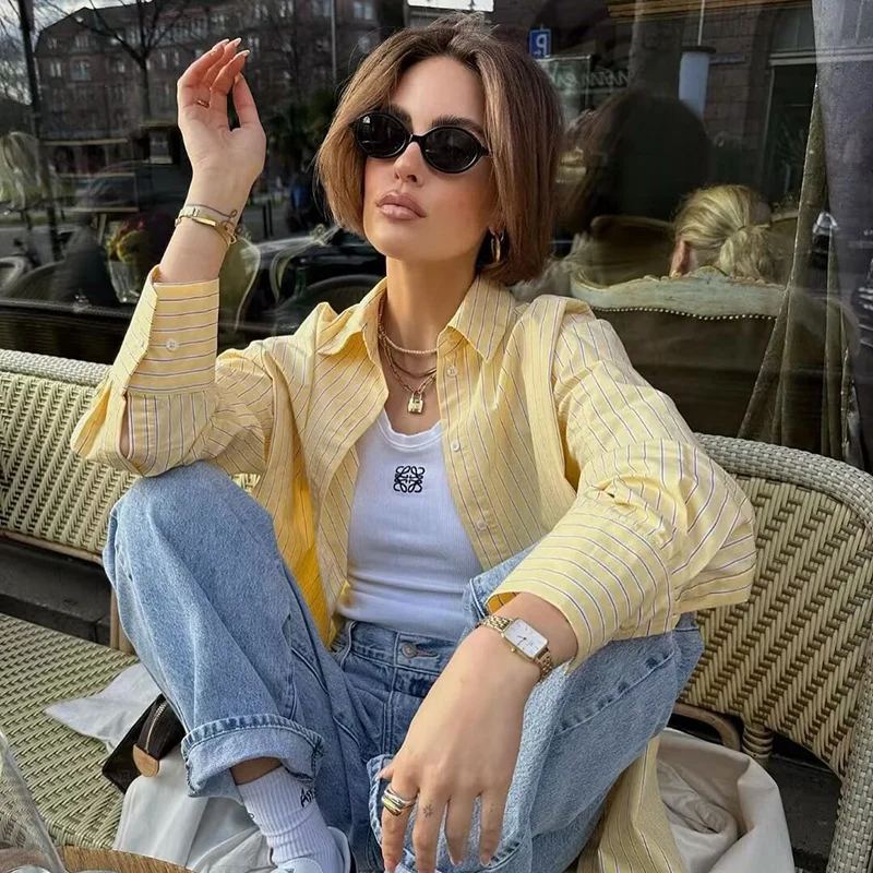 BUSCFOX Koszula damska w paski 2025 Letnie luźne koszule jednorzędowe Eleganckie koszule i bluzki z długim rękawem Top