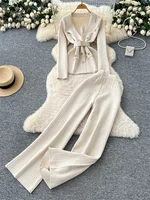 SINGREINY Office Lady Knitted Suits Female Long Sleeve Notched Collar Tops+Wide Legs Pants Women Winter Fashion Thick 2pcs Set - Image 6