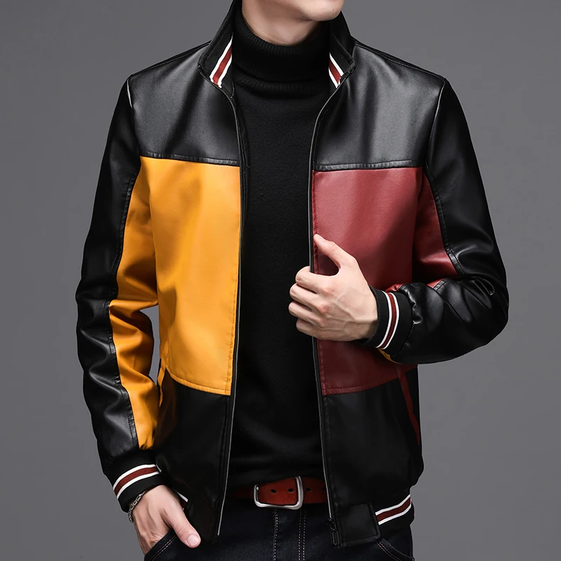 New color block PU leather jacket men's velvet warm motorcycle suit flight suit  jaqueta masculina jaqueta de couro masculino