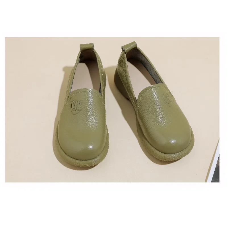 Women\'s Loafers Comfortable Round Toe Soft Sole Flats Women Work Shoes Retro Green Leather Thin Shoes Daily Slip-on Casual Shoes