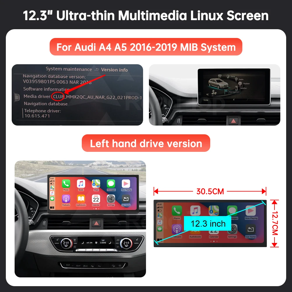 Display multimediale per auto da 12,3 pollici per Audi A4 A5 2016-2019 MIB, schermo touch Linux ultrasottile, CarPlay wireless, Android Auto