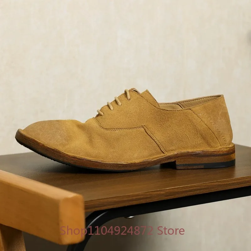 British Style Cow Suede Lace Up Handmade Washed Flat Sole Oxfords Breathable Casual Fisherman Shoes Men's Genuine Leather