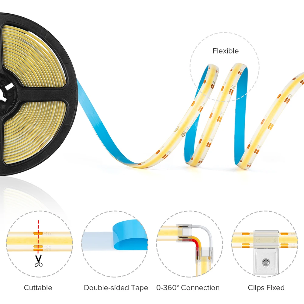 Imagem -04 - Impermeável Cob Cct Led Strip Flexível Fob Tape Lights Branco Quente Cor Linear Regulável Iluminação Ajustável Ra90 Ip65 640 Leds por m