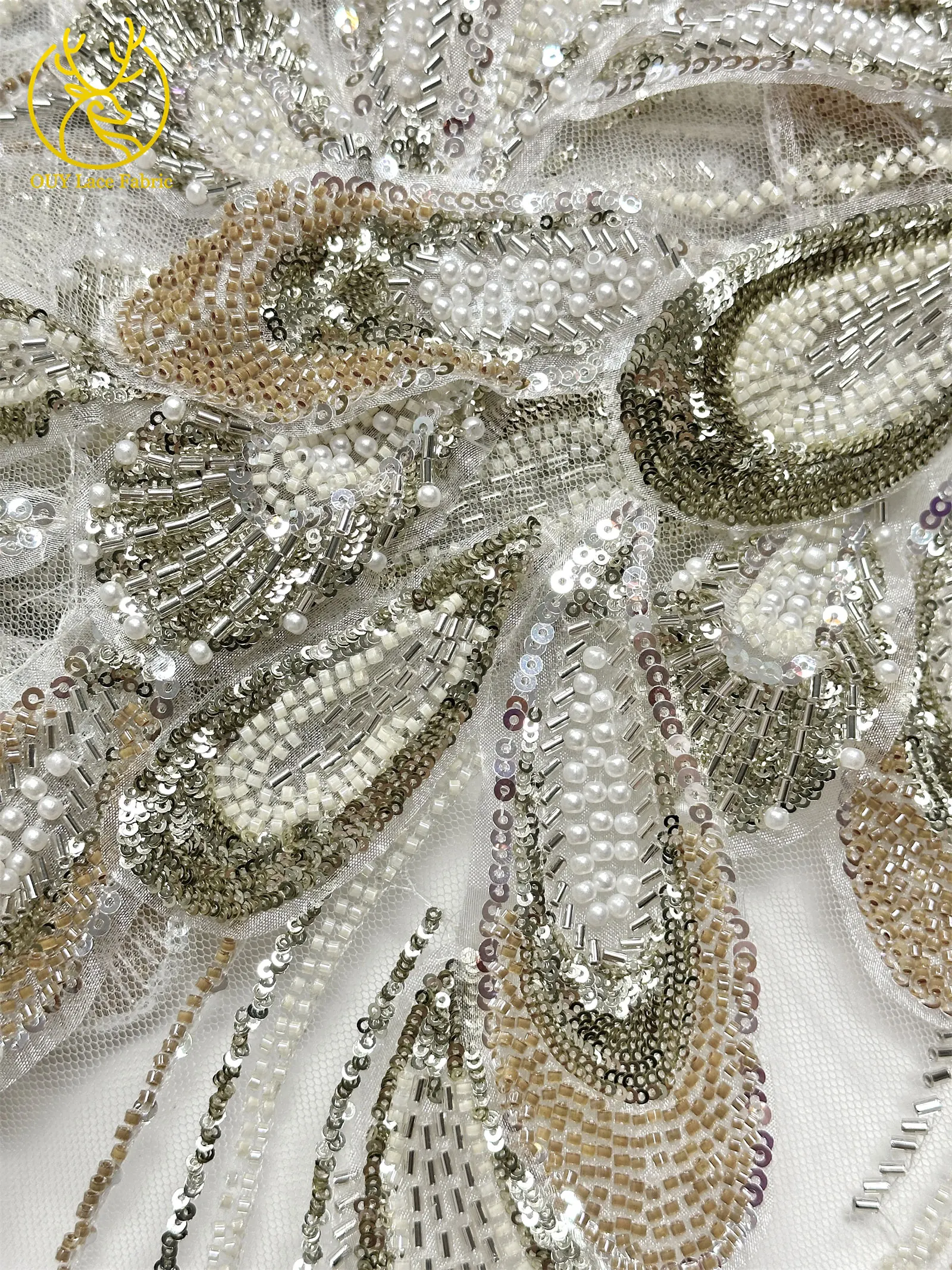 3D Luxus Afrikanischer bestickter Perlen-Mesh-Spitzenstoff, 5 Yards, französischer Tüll-Pailletten-Spitzenstoff für nigerianische Hochzeitskleider zum Nähen – Detail 13
