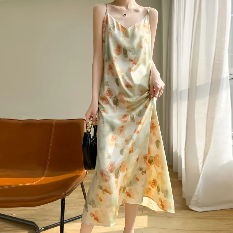 Summer V-neck Fashion Print Suspender Dress Female Sleeveless Temperament Joker Satin Bottoming Vest Dress