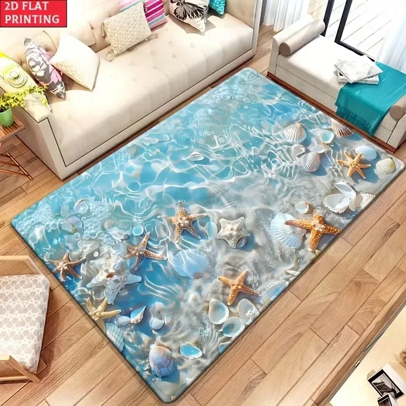 Ocean Starfish Seashell Rug Soft Floor Mat Seaside Beach Water Wave Landscape Pattern Living Room Bedroom Sea Theme Home Decor