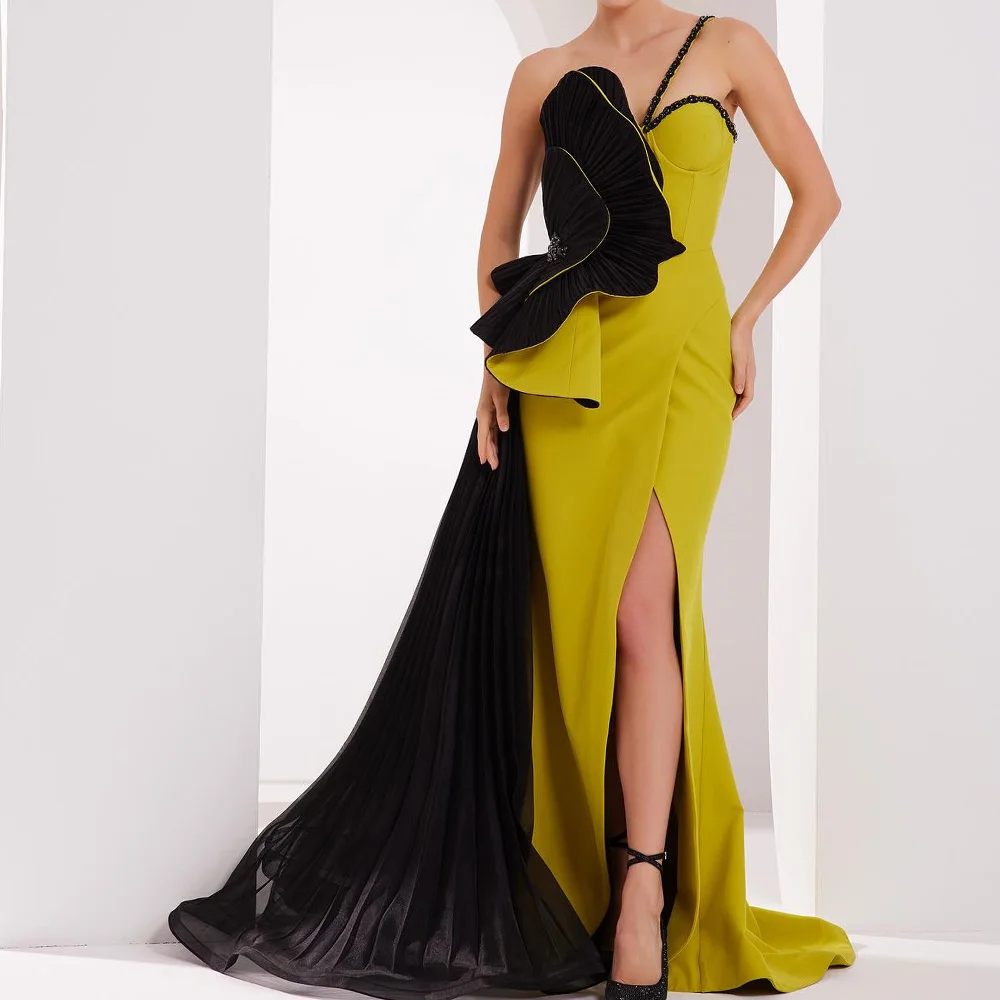 

Sleeveless One Shoulder Strapless Jersey Floor Length Front Slit Mermaid Evening Dress Panel Train Crystal Zipper Back Formal