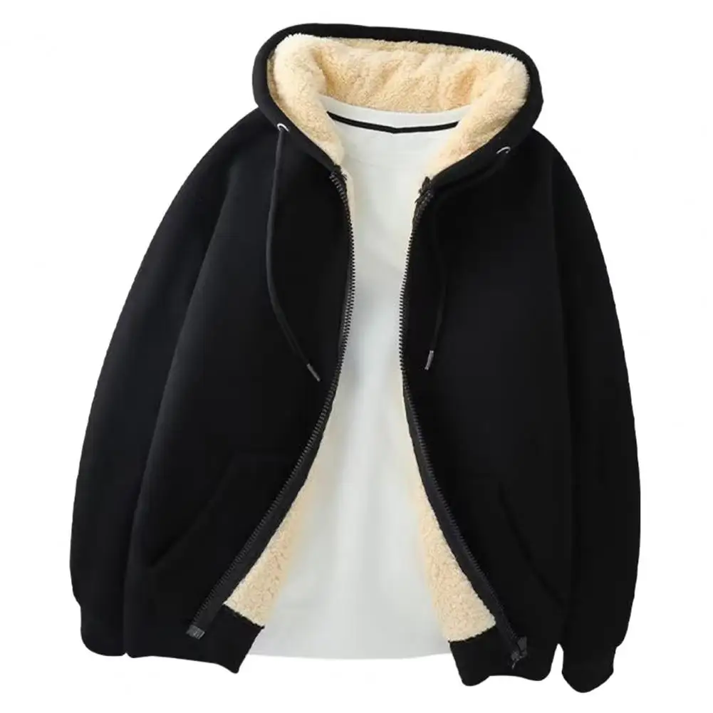 Men Winter Coat Thick Soft Plush Hooded Drawstring Long Sleeve Loose Zipper Closure Cardigan Warm Solid Color Men Jacket