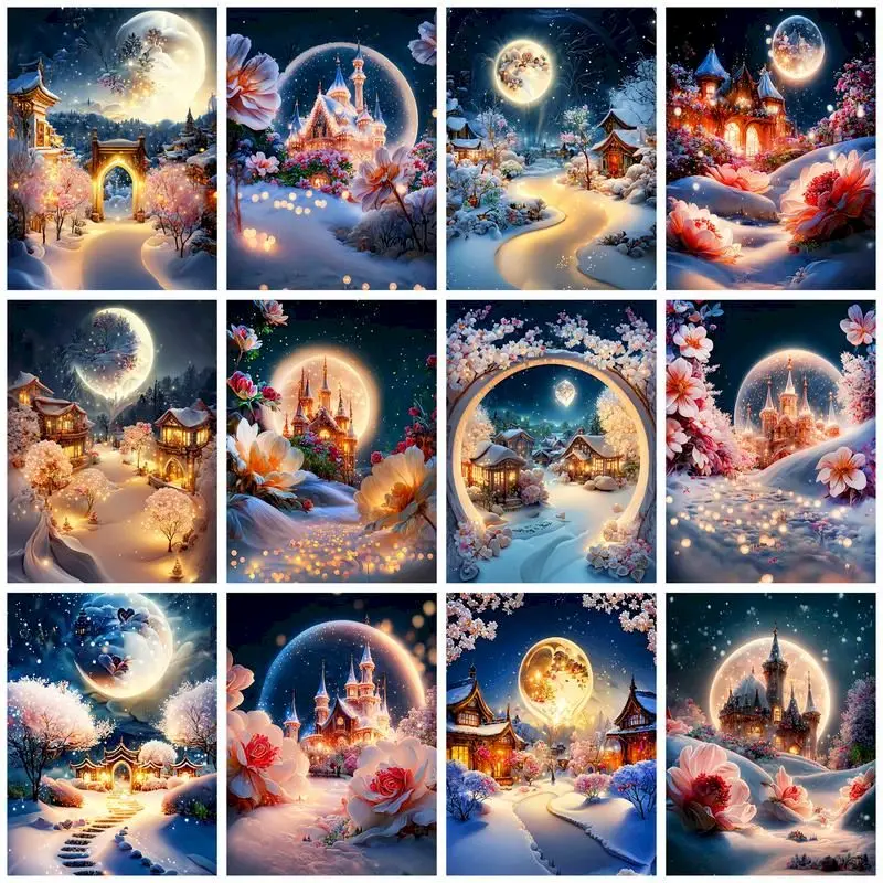 

GATYZTORY Square Diamond Embroidery Moonlight Snow Scenery Rhinestones Diamond Mosaic Painting Handicrafts Wall Decoration