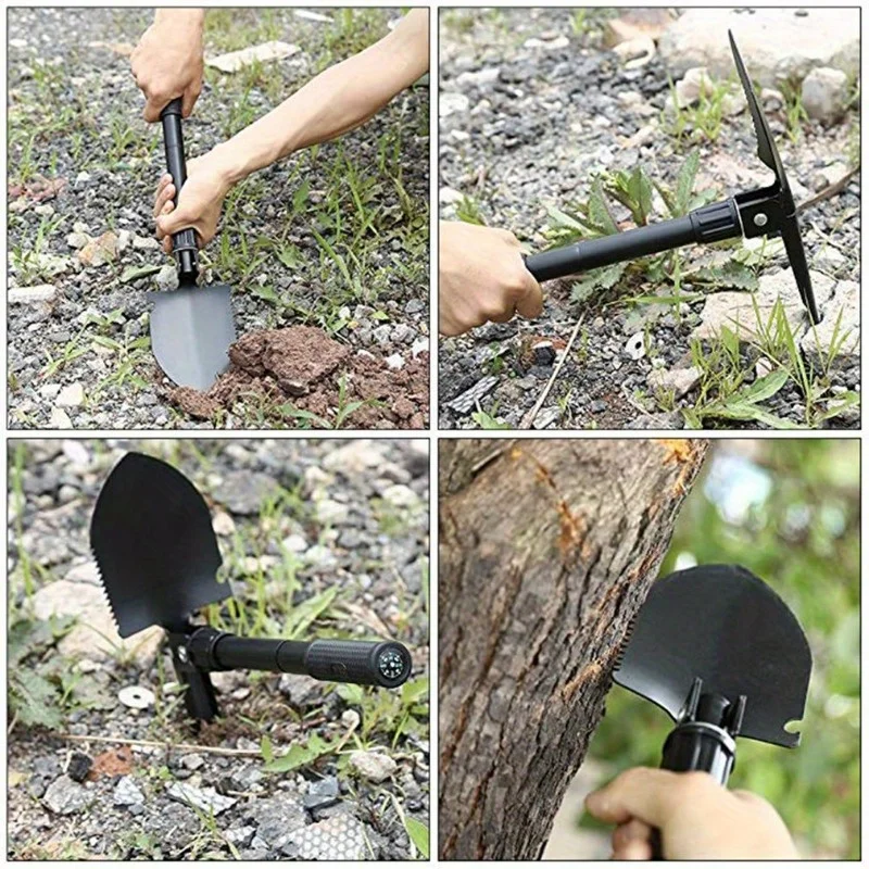 Compact 5-in-1 Survival Shovel - Durable Stainless Steel Tactical Spade with Compass, Saw & Bottle Opener for Outdoor Adventures